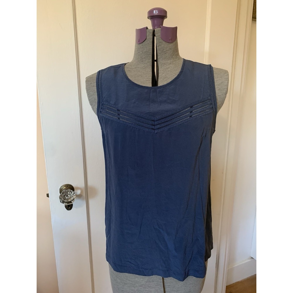 J Crew Womens Size 8 Blue 100% Silk Sleeveless Ladder Lace Trim Shell Tank Top
